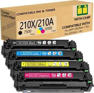 Ennovor High-Yield 210X/210A Toner Cartridges 4-Pack with Chip - Compatible with HP 210X/210A (W2100A/W2100X) & HP Laserjet Pro MFP 4301fdw/fdn, 4201dw/dn Series | Black/Cyan/Magenta/Yellow