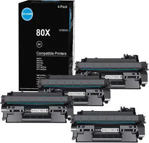 Ennovor 4 Pack 80X Black Toner Cartridge (with Chip) | Replacement for HP 80X Work with M401n M401dw M401dne M401dn MFP M425dn MFP M425dw Printer | CF280XD