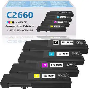 Ennovor C2660 C2665 High-Yield Toner Cartridge Compatible with Dell C2660dn C2665dnf Printer (1 Black 593-BBBU, 1 Cyan 593-BBBT, 1 Magenta 593-BBBS, 1 Yellow 593-BBBR, 4-Pack)