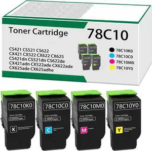Ennovor 78C10 CS421 Toner Cartridge 4 Pack Replacement for Lexmark CS421 Toner 78C10K0 78C10C0 78C10M0 78C10Y0 Work with Lexmark CS421 CX522 CX622 CS521 CX421 CX521 CS522 CX625 Printer
