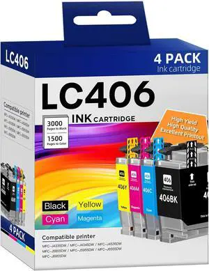 Ennovor LC406 Ink Cartridges Compatible for Brother LC406 LC406XL LC 406 XL Work for Brother MFC-J4335DW MFC-J5855DW MFC-J4535DW MFC-J6555DW MFC-J6955DW Printer (4 Pack, Black, Cyan, Magenta, Yellow)