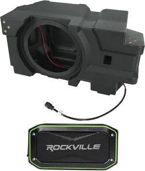 Audiosavings Bundle: 240-DF-US10U 10" Subwoofer Enclosure for 2018-2024 Can-Am Bundle with Rockville Rock Anywhere Waterproof Portable Bluetooth Speaker+TWS Stereo Linking (2 Items)