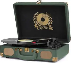 Vinyl Record Player Bluetooth 3-Speed Portable Vintage Suitcase with Built-in Speakers, RCA Line Out AUX in Headphone Jack Vintage Turntable,Military Green