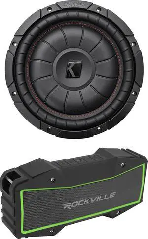Audiosavings Bundle: Kicker 43CVT104 COMPVT 800w 10" 4-Ohm SVC Slim Shallow Car Subwoofer Sub CVT10-4 Bundle with Rockville Rock Everywhere Portable Bluetooth Speaker/Wireless Link (2 Items)