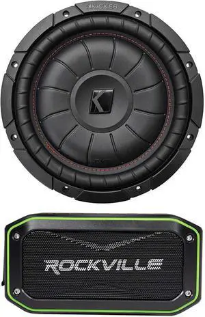 Audiosavings Bundle: Kicker 43CVT104 COMPVT 800w 10" 4-Ohm SVC Slim Shallow Car Subwoofer Sub CVT10-4 Bundle with Rockville Rock Anywhere Waterproof Portable Bluetooth Speaker+TWS Linking (2 Items)