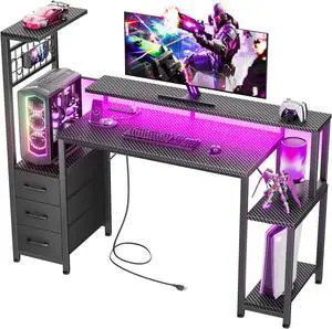 48 Inch Gaming Desk with LED Lights & Power Outlets,Computer Desk with Fabric Drawers & Side Hook,Reversible Gamer Table with Monitor Stand for Game Room,Home Office,Carbon Fiber Black 48 Inch Gaming Desk with LED Lights & Power Outlets,Computer Desk with Fabric Drawers & Side Hook,Reversible Gamer Table with Monitor Stand for Game Room,Home Office,Carbon Fiber Black
