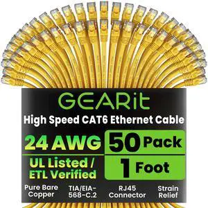 GEARit Cat 6 Ethernet Cable (50-Pack 1 Foot) Cat6 Network Patch, 10Gbps, RJ45, Snagless Cord, Gold-Plated Connectors, Internet for PC, TV, Tablet, Router, Printer, Servers, IT Data Center - Yellow GEARit Cat 6 Ethernet Cable (50-Pack 1 Foot) Cat6 Network Patch, 10Gbps, RJ45, Snagless Cord, Gold-Plated Connectors, Internet for PC, TV, Tablet, Router, Printer, Servers, IT Data Center - Yellow