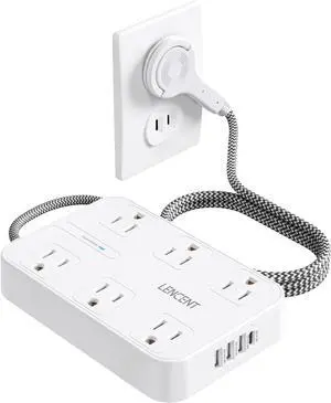 LENCENT 2 Prong Power Strip,2 Prong to 3 Prong Outlet Adapter,Two Prong Surge Protector, 6ft Braided Flat Plug Extension Cord, 6 AC & 4 USB (1 Type-C), Wall Mount for Non-Grounded Outlet