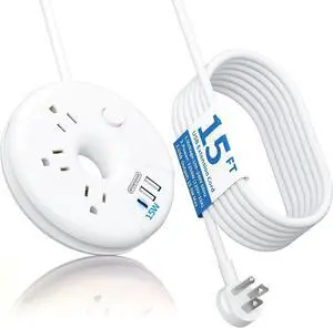 i-Donut Extension Cord 15FT, NTONPOWER Long Extension Cord with 3 USB Ports(1 USB C), 3 Outlets, Flat Plug Switch, Travel Power Strip for Home, Office, Dresser, Dorm Room, White