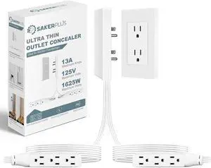 Outlet Concealer Power Strip-Outlet Cover Extender with 3AC Outlets-8ft Flat Plug Extension Cord,Universal Size,1625W for Kitchen, Home and Office,Child & Pet Safe(Dual 8 Foot)