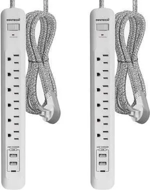 2 Pack Power Strip Surge Protector - 6 Outlets 3 USB Charging Ports (1 USB C), 10Ft Extension Cord, Flat Plug, Overload Protection, Wall Mount for Office Home, Dorm Room White