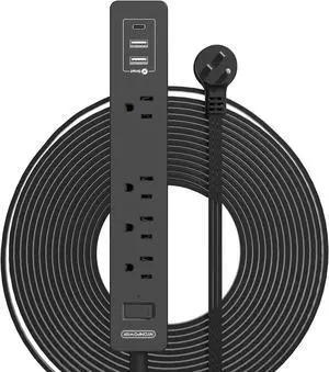 Flat Extension Cord 15 Ft, NTONPOWER Ultra Thin Flat Extension Cord Under Carpet, Rug, Door, Wall Mount Power Strip Flat Plug with 4 Outlets 3 USB, Overload Protection for Indoor Home Office, Black