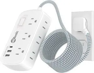 Extension Cord 15 ft - Surge Protector Power Strip Flat Plug with 6 Widely Outlets 3 USB (5V/3.4A 17W) Charging Ports, Multi Plug Wall Outlet Splitter for Home Bedroom Hotel Office Desktop Accessories