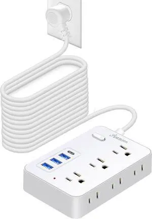 20 FT Extension Cord with Multiple Outlets, Asamoom 20 ft Surge Protector Power Strip with 6 Outlets with 4 USB Ports(1 USB C)Flat Plug with Long Cord 1700 Joules Protection for Home Office White