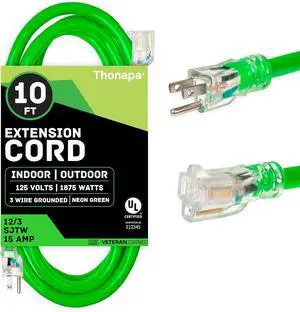 12 Gauge Extension Cord 10 ft for Outdoor - 12/3 Heavy Duty Extension Cord 10 Foot 3 Prong Grounded Plug 15 Amp, Neon Green High Visibility Electric Cable Great for Major Appliances