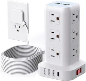 Surge Protector Power Strip Tower with Flat Plug, 10FT Ultra Thin Extension Cord with Multiple Outlets (1 USB-C), 1020J ProtectionDesk Charging Station for Office, Dorm Room Essentials