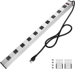10 Outlet Plugs Heavy Duty Metal Power Strip, Aluminum Workshop Socket with 4FT Long Cord and Power Switch. 15A, 125V, 1875W