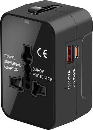 Universal Travel Adapter Worldwide, GaN Fast Charging with PD 3.0 USB-C & USB-A Quick Charge Ports, All-in-One International Power Plug Adapter Converter AC Wall Charger for Europe USA UK AUS Black