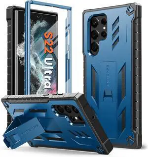 FNTCASE for Samsung Galaxy S22 Ultra Case: Built-in Screen Protector & Kickstand Full-Body Dual Layer Rugged Military Grade Shockproof Protection Heavy Duty Protective Phone Cover 5G-Blue