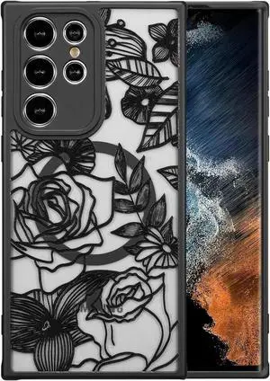 XIZYO Magnetic Case for Samsung Galaxy S21 Ultra Floral Rose Cute Phone Case [Compatible with Magsafe] for Women Girls Aesthetic Pattern Slim TPU Shockproof Bumper Cover, Black
