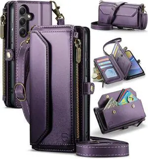 Wallet Case Compatible with Samsung Galaxy A15 5G RFID Blocking Card Holder Soft PU Leather Magnetic Snap Shoulder Strap Zipper Pocket Phone Case Fit for Galaxy A15 6.5" - Purple