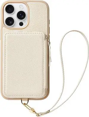 ZVE for iPhone 13 ProMax Wallet Case with Wrist Strap, Zipper Phone Case with RFID Blocking Card Holder Leather Case Cover Women iPhone Accessories for iPhone 13 Pro Max 6.7"- Beige