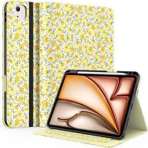 Case for iPad Air 11-inch M3/ M2 (2025/2024), iPad Air 5th/ 4th Generation 10.9'' (2022/2020), iPad Pro 11 (4th/3rd/2nd/1st Gen), Multi-Angle Stand Cover with Pencil Holder, Yellow Flower