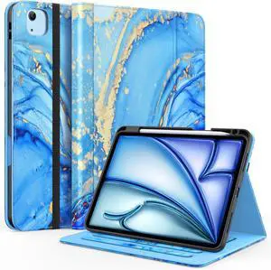 Case for iPad Air 11-inch M3/ M2 (2025/2024), iPad Air 5th/ 4th Generation 10.9'' (2022/2020), iPad Pro 11 (4th/3rd/2nd/1st Gen), Multi-Angle Stand Cover with Pencil Holder, Marble Blue