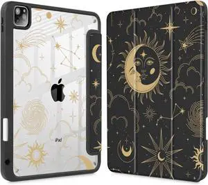 Tuiklol for iPad Pro 11 Inch Case M2 2022 Generation 4 -Built-in Pencil Holder Shockproof Cover Clear Transparent Back Shell Fit for iPad 11 2021 2020 2018 Gen 3/2/1 for Kid,Moon and Star