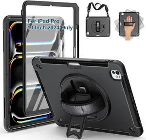 SUPFIVES Case for iPad Pro 13 Inch 2024 (7th Gen), Upgraded Military Shockproof TPU Protective Cover with Screen Protector/Shoulder Strap/Pencil Holder/Handle/Rotating Stand, Black