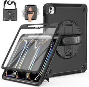 Miesherk Case for iPad Pro 13 Inch, Military Grade Heavy Duty Shockproof iPad 13 M4 Case (2024, 7th Generation) - Screen Protector, Rotating Stand, Pencil Holder, Hand/Shoulder Strap, Black