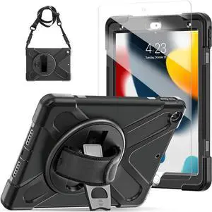 TSQ Case for iPad Case 9th/8th/7th Generation with Screen Protector for Kids | Military Grade Shockproof Protective with Stand Hand Shoulder Strap Cover for iPad 9th 8th 7th Gen 10.2 Inch| Black