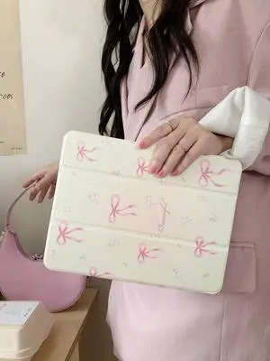 Adjustable Kickstand Leather Folio Case for Apple for iPad 10th Generation 2022 10.9 Inch A2696 A2757 A2777 A3162 White Color Pink Bow Ribbon Beautiful Floral Cute Chic Adorable Lovely Girls Kids