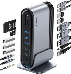 Baseus 17-in-1 Docking Station, Laptop Docking Station 3 Monitors with 3 * 4K HDMI, USB C Docking Station with 7 USB, 1000Mbps Ethernet, 100W PD, Card Readers Compatible with Acer/HP/Lenovo/Mac/Dell