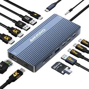 ANYOYO USB C Docking Station Dual Monitor 14-in-1 Docking Station 3 Monitor(2 HDMI+ Video Out) 10Gbps (4*USB-C+1A) +PD100W+Ethernet+SD/TF Laptop Dock Multiport Adapter for /HP/Lenovo/Thinkpad