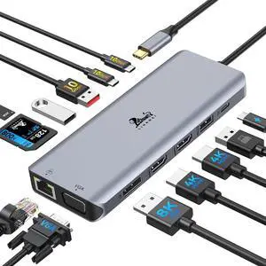 Laptop Docking Station 4 Monitors, Dual HDMI+8K DP+VGA, 10Gbps, 100W PD, 6 USB C/A Ports, Ethernet, SD/TF, LIONWEI 13 in 1 USB C Hub for MacBook/Dell/HP/Surface