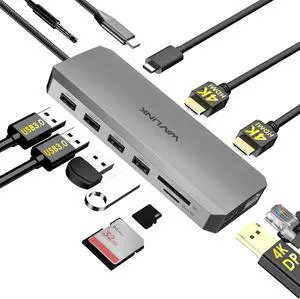 WAVLINK USB C Docking Station Dual Monitor, USB-C Hub Laptop Triple Display with 2 HDMI,DisplayPort, 100W PD Charging, Ethernet, 5 USB, SD/TF Read, Audio for MacBook  HP Lenovo Surface, Grey