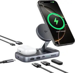 MOKiN USB C Hub with 15W Qi2 Wireless Charger, Laptop Docking Station to 4K HDMI, 100W PD, 10Gbps Ports, 15W+5W Wireless Charging Stand for iPhone 16/15/14/13 & Airpods, USBC Dock for MacBook/Windows