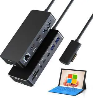 12-in-1 Surface Dock, Triple Display Support with 2 HDMI + VGA, Microsoft Surface Docking Station for Surface Pro 3/4/5/6/7/8/9/10/11/X, Laptop 1/2/3/4/5/6/7, Laptop Go 1/2/3, Book 1/2/3