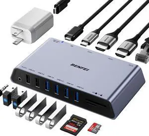 BENFEI DisplayLink 12-in-1 USB 3.0 Universal Docking Station with Dual HDMI Display/6*USB Ports/SD/TF Card Reader/Gigabit Ethernet Network/3.5mm Female Headphone Jack Compatible with Windows and Mac