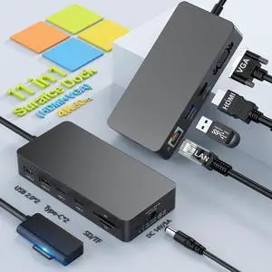11 in 1 Surface Pro Docking Station, Microsoft Surface Dock Dual Displays 4K@60HZ HDMI+VGA, MS Card Reader for Microsoft Surface Pro 11/10/9/8/X/7/6/5/4, Surface Laptop Go/7/6/5/4/3/2/1 Surface Book