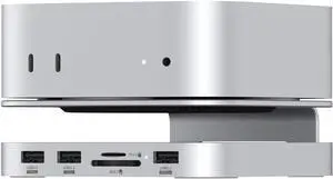 Qwiizlab Aluminum Stand Hub with SSD Enclosure, Docking Station for Mac mini M4/M4 Pro, 2 USB-A 10Gbps, TF/SD 4.0 Card Readers 312MB/s, HDMI 4K 60Hz, USB-A 2.0, Fits M.2 NVMe SSD up to 8TB (Silver)
