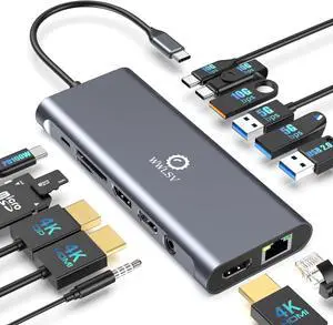 USB C Docking Station Dual Monitor, 14 in 1 Laptop Docking Station 3 Monitors with 2 HDMI 4K, DP, Ethernet, USB C/A 3.1, 100W PD, SD/TF, 3.5MM Audio/Mic, Compatible for MacBook, , Lenovo, Surface