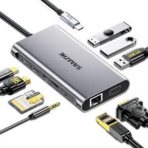 SAMZHE USB C Docking Station 10-in-1 USB-C Hub Dual 4K HDMI Monitor Laptop Dock Stations Multiple Adapter with HDMI 4K+VGA+3 USB-A 3.0 Port+100W PD Charger+Ethernet+SD/TF+Audio