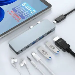 Opluz 6 in 2 Surface Pro 8 9 X Docking Station, Accessories for Microsoft Surface Pro Dock Hub Thunderbolt 4 Port, with 4K@60HZ HDMI Port, 2 USB-A 3.0(10Gbps), 2 USB-C, 3.5mm Audio Jack PD Charging