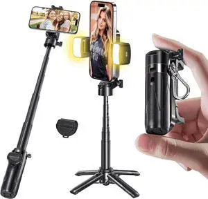 Phone Tripod Portable Selfie Stick Pocket Size Selfie Stick for iphone Selfie Stick with Wireless Detachable Remote Control & 2 Fill Light for Photograph Live Streaming Video Recording