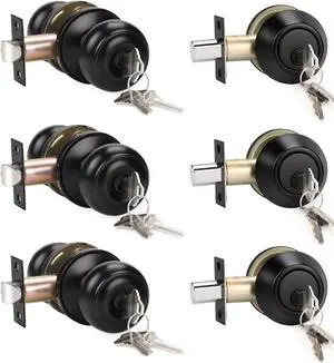 3 Pack Keyed Alike Entry Door Knobs and Single Cylinder Deadbolt Lock Combo Set Security for Exterior and Front Door, Keyed Entry Door Locksets with Deadbolt, Matte Black Finish