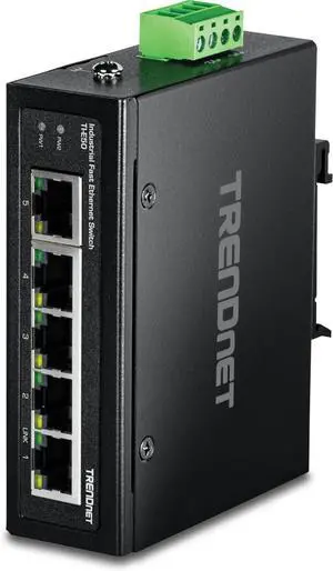 TRENDnet 5-Port Industrial Fast Ethernet DIN-Rail Switch, TI-E50, 5 x Fast Ethernet Ports, IP50 Rated, Extreme Temperature Operating Range, 1Gbps Switching Capacity, Lifetime Protection