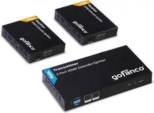 gofanco 1080p 1x2 HDMI Extender Splitter Over CAT5e/6/7 Ethernet Cable - 1080p, Up to 50m/165ft, HDMI Loopout, EDID Management, Bi-Directional IR Control, 1 in 2 Out (HDExt2P-Pro)