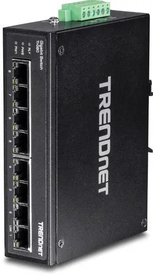 TRENDnet 8-Port Hardened Industrial Gigabit DIN-Rail Switch, TI-G80, 16 Gbps Switching Capacity, IP30 Rated, Ethernet Splitter, NDAA & TAA Compliant, Lifetime Protection, Black